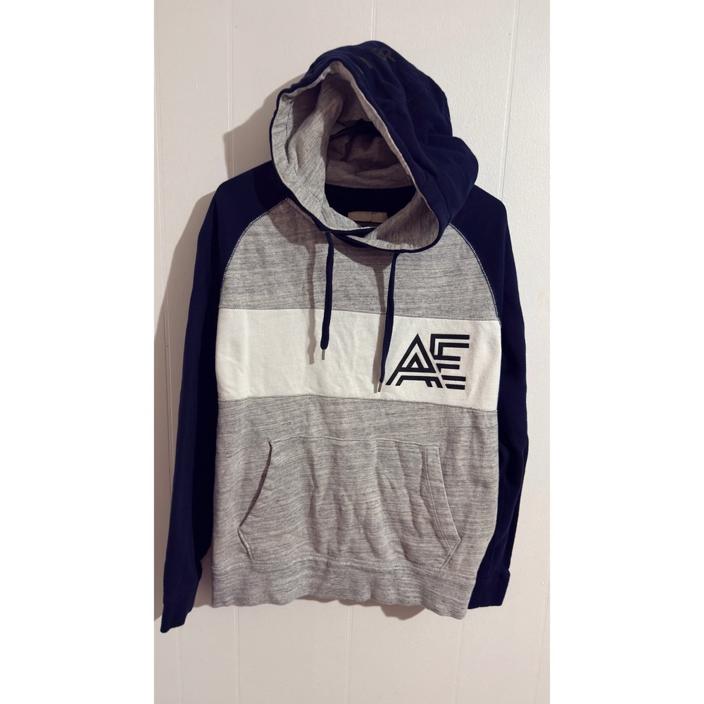 American Eagle Mens Colorblock Pullover Hoodie Navy Gray White‎ AE Logo Size M